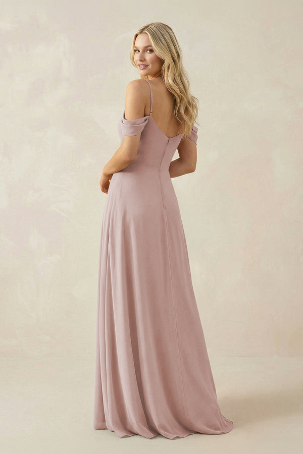 Off - the - Shoulder Chiffon A - Line Maxi Bridesmaid Dress in Toffee - KissProm Bridesmaid Dresses