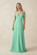 Off - the - Shoulder Chiffon A - Line Maxi Bridesmaid Dress in Turquoise - KissProm Bridesmaid Dresses