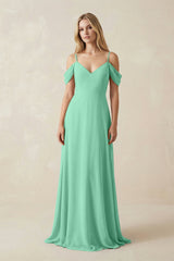 Off - the - Shoulder Chiffon A - Line Maxi Bridesmaid Dress in Turquoise - KissProm Bridesmaid Dresses
