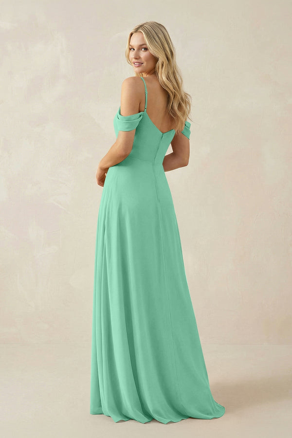 Off - the - Shoulder Chiffon A - Line Maxi Bridesmaid Dress in Turquoise - KissProm Bridesmaid Dresses