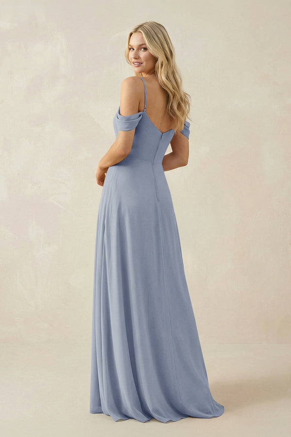 Off - the - Shoulder Chiffon A - Line Maxi Bridesmaid Dress in Twilight - KissProm Bridesmaid Dresses