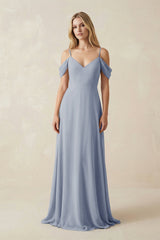 Off - the - Shoulder Chiffon A - Line Maxi Bridesmaid Dress in Twilight - KissProm Bridesmaid Dresses