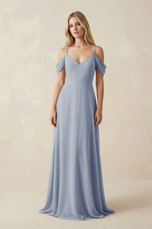 Off - the - Shoulder Chiffon A - Line Maxi Bridesmaid Dress in Twilight - KissProm Bridesmaid Dresses