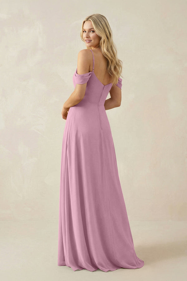 Off - the - Shoulder Chiffon A - Line Maxi Bridesmaid Dress in Vintage Mauve - KissProm Bridesmaid Dresses