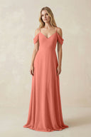 Off - the - Shoulder Chiffon A - Line Maxi Bridesmaid Dress in Wild Rose - KissProm Bridesmaid Dresses