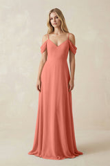 Off - the - Shoulder Chiffon A - Line Maxi Bridesmaid Dress in Wild Rose - KissProm Bridesmaid Dresses