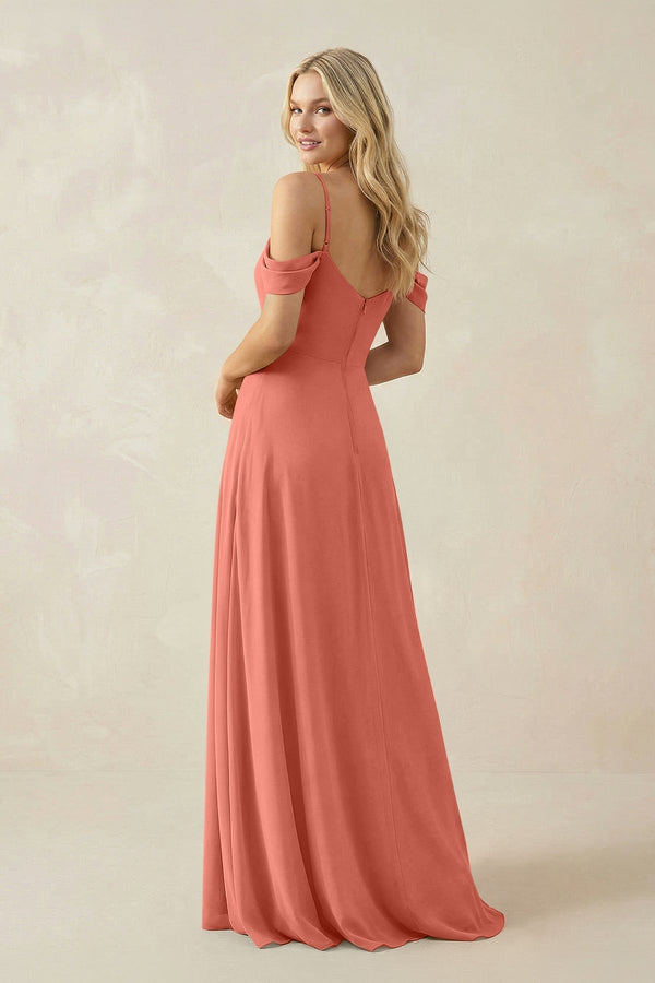 Off - the - Shoulder Chiffon A - Line Maxi Bridesmaid Dress in Wild Rose - KissProm Bridesmaid Dresses