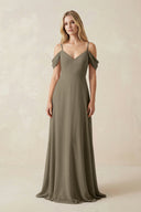 Off - the - Shoulder Chiffon A - Line Maxi Bridesmaid Dress in Willow Green - KissProm Bridesmaid Dresses
