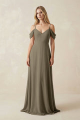 Off - the - Shoulder Chiffon A - Line Maxi Bridesmaid Dress in Willow Green - KissProm Bridesmaid Dresses