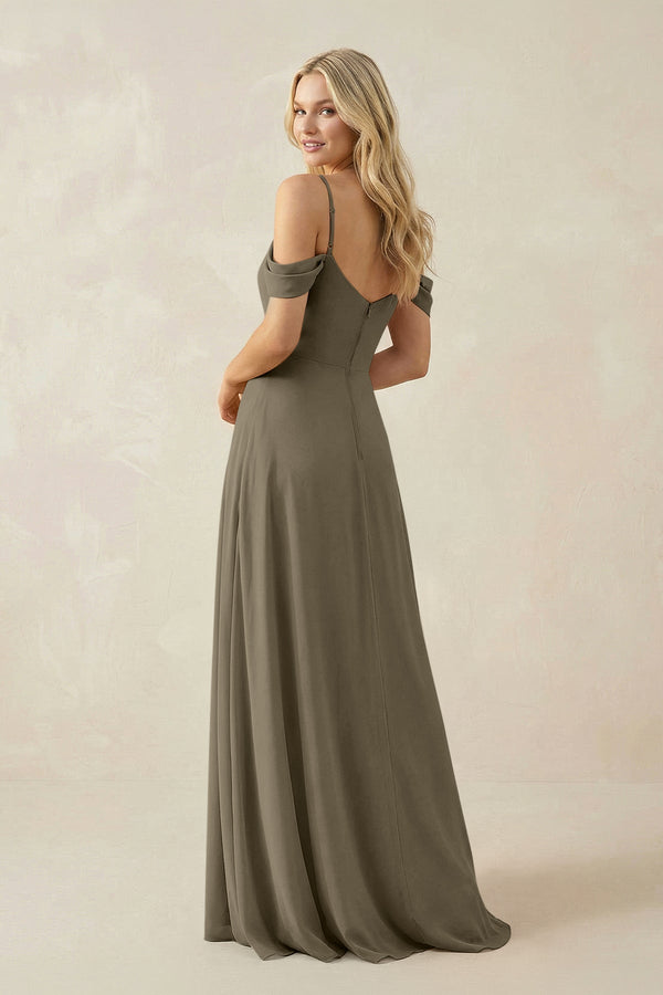 Off - the - Shoulder Chiffon A - Line Maxi Bridesmaid Dress in Willow Green - KissProm Bridesmaid Dresses
