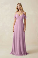Off - the - Shoulder Chiffon A - Line Maxi Bridesmaid Dress in Wisteria - KissProm Bridesmaid Dresses