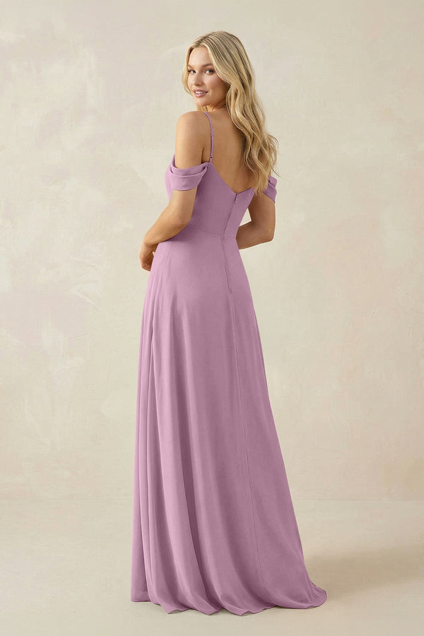 Off - the - Shoulder Chiffon A - Line Maxi Bridesmaid Dress in Wisteria - KissProm Bridesmaid Dresses