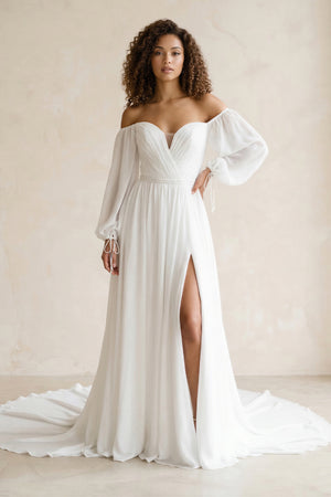 Simple A-Line Off the Shoulder White Beach Wedding Dresses with Slit, Diamond White / 18 Simple A-Line Off the Shoulder White Beach Wedding Dresses with Slit, Diamond White / 18