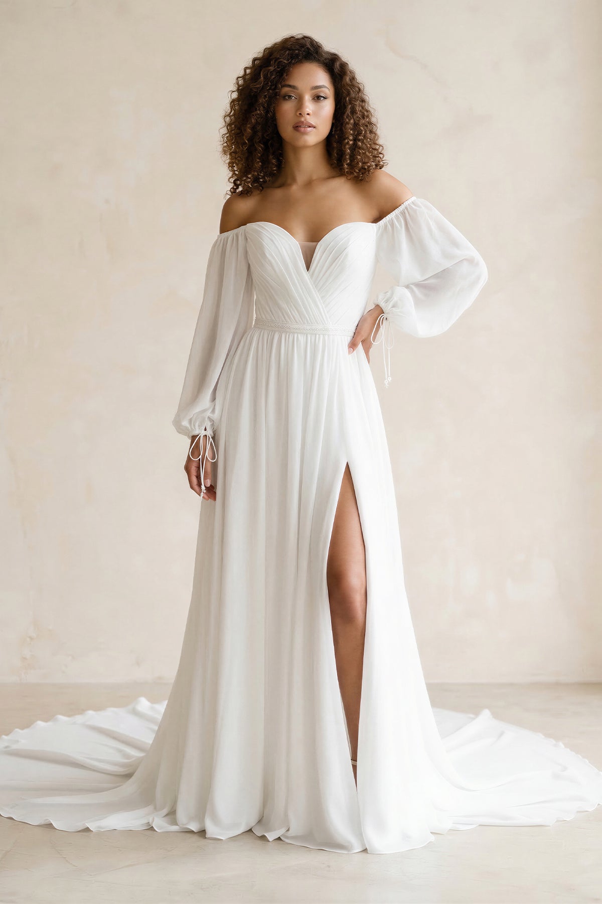 KissProm Simple A-Line Off the Shoulder White Beach Wedding Dresses with Slit, Diamond White / 18