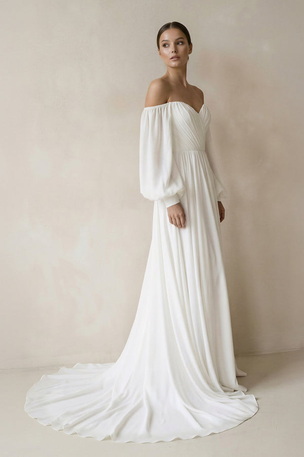 Adelaide| Off the Shoulder Chiffon Long-Sleeve Wedding Dress