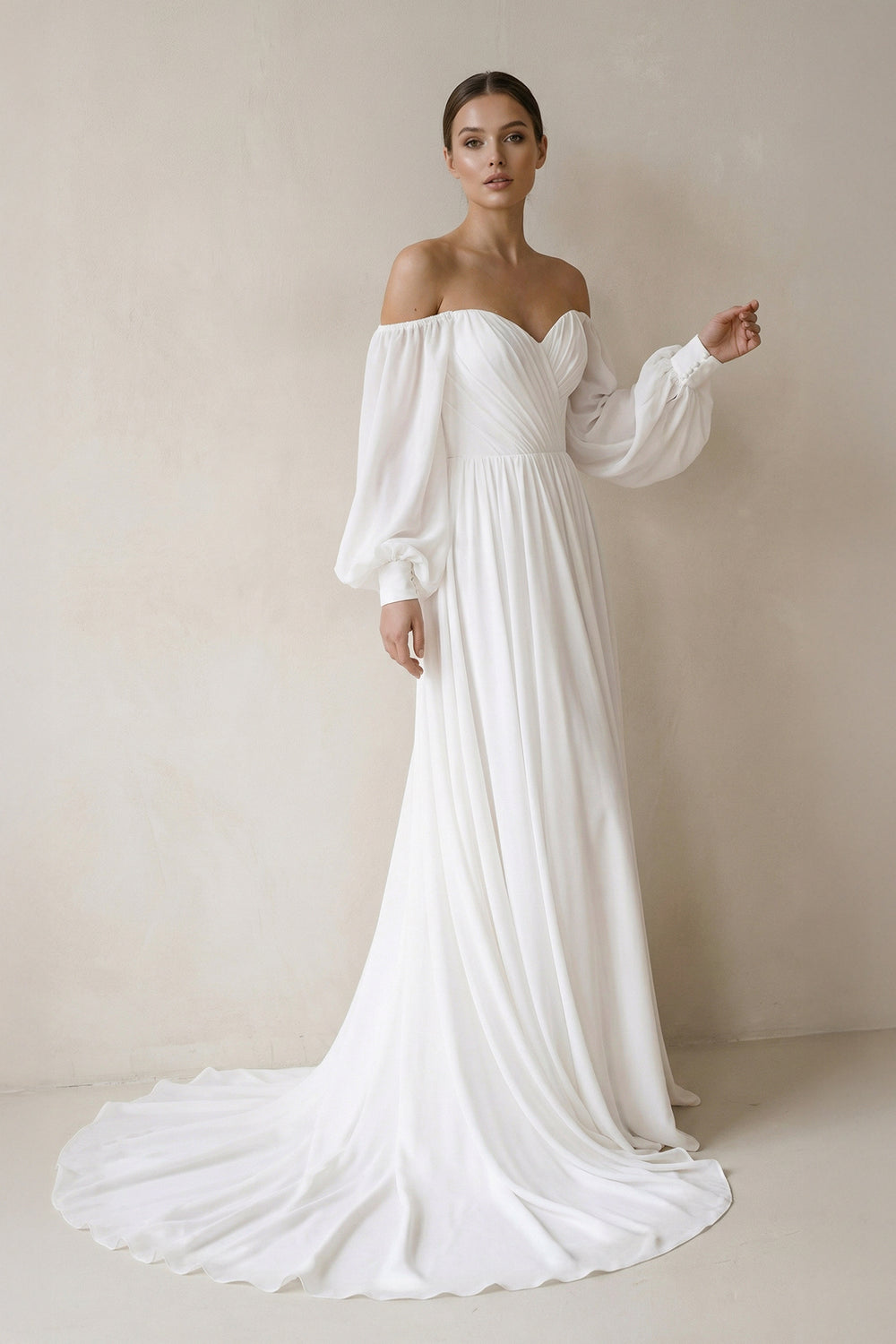 Adelaide| Off the Shoulder Chiffon Long-Sleeve Wedding Dress
