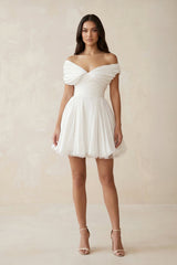 Off - the - Shoulder Chiffon Pleated A - Line Wedding Dress in Ivory - KissProm Wedding Dresses