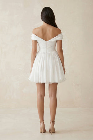 Off - the - Shoulder Chiffon Pleated A - Line Wedding Dress in Ivory - KissProm Wedding Dresses