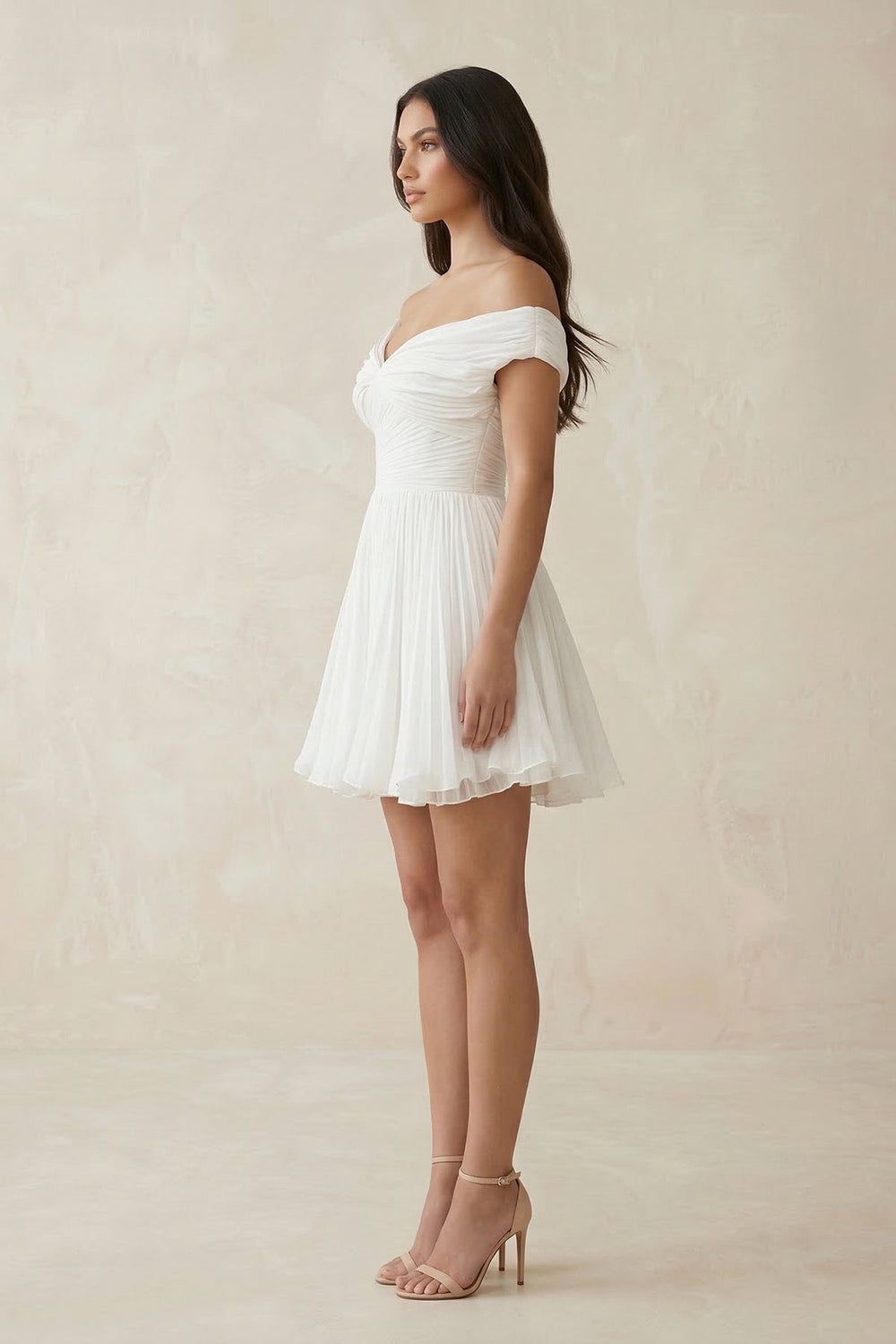 Off - the - Shoulder Chiffon Pleated A - Line Wedding Dress in Ivory - KissProm Wedding Dresses