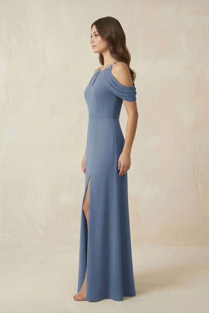 Off - the - Shoulder Chiffon Sheath Bridesmaid Dress Wiht Slit in Neptune - KissProm Bridesmaid Dresses