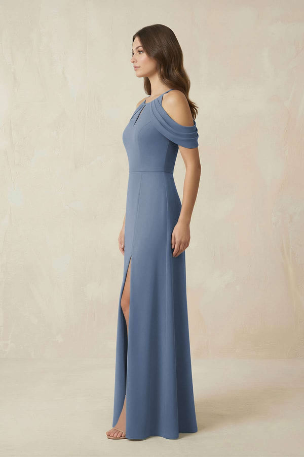 Off - the - Shoulder Chiffon Sheath Bridesmaid Dress Wiht Slit in Neptune - KissProm Bridesmaid Dresses