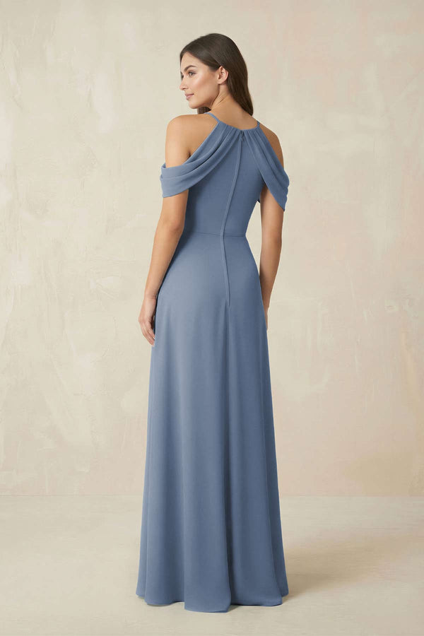 Off - the - Shoulder Chiffon Sheath Bridesmaid Dress Wiht Slit in Neptune - KissProm Bridesmaid Dresses