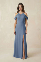 Off - the - Shoulder Chiffon Sheath Bridesmaid Dress Wiht Slit in Neptune - KissProm Bridesmaid Dresses