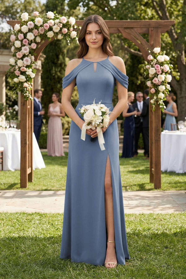 Off - the - Shoulder Chiffon Sheath Bridesmaid Dress Wiht Slit in Neptune - KissProm Bridesmaid Dresses