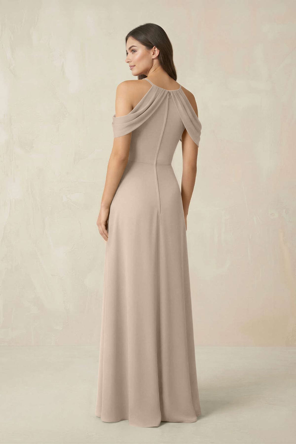 Off - the - Shoulder Chiffon Sheath Bridesmaid Dress With Slit in Almond - KissProm Bridesmaid Dresses