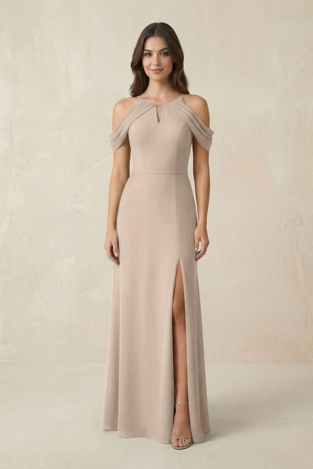 Off - the - Shoulder Chiffon Sheath Bridesmaid Dress With Slit in Almond - KissProm Bridesmaid Dresses