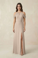 Off - the - Shoulder Chiffon Sheath Bridesmaid Dress With Slit in Almond - KissProm Bridesmaid Dresses