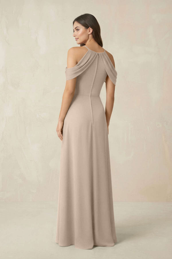 Off - the - Shoulder Chiffon Sheath Bridesmaid Dress With Slit in Almond - KissProm Bridesmaid Dresses