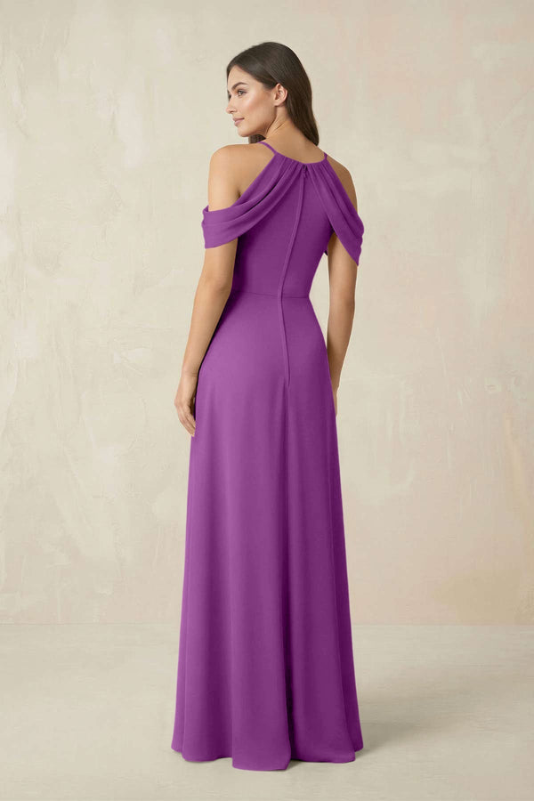 Off - the - Shoulder Chiffon Sheath Bridesmaid Dress With Slit in Amethyst - KissProm Bridesmaid Dresses