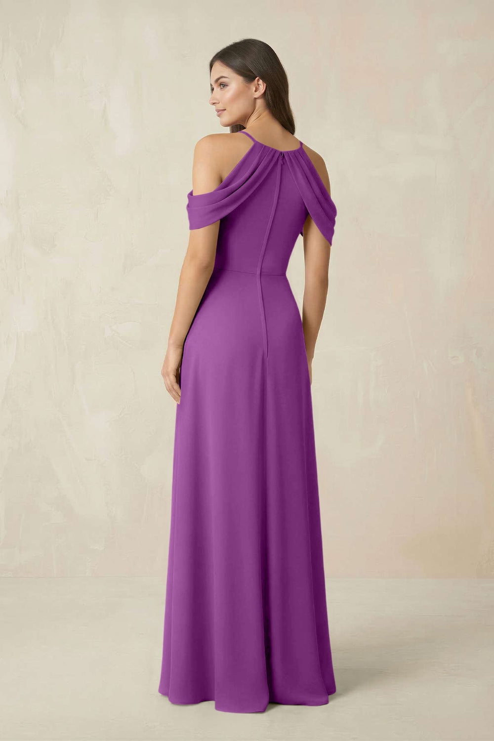 Off - the - Shoulder Chiffon Sheath Bridesmaid Dress With Slit in Amethyst - KissProm Bridesmaid Dresses