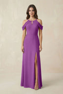 Off - the - Shoulder Chiffon Sheath Bridesmaid Dress With Slit in Amethyst - KissProm Bridesmaid Dresses