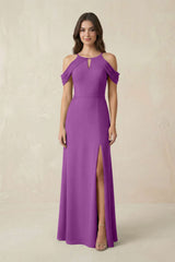 Off - the - Shoulder Chiffon Sheath Bridesmaid Dress With Slit in Amethyst - KissProm Bridesmaid Dresses