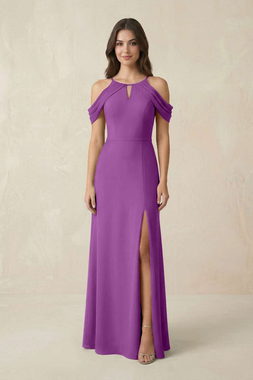 Off - the - Shoulder Chiffon Sheath Bridesmaid Dress With Slit in Amethyst - KissProm Bridesmaid Dresses