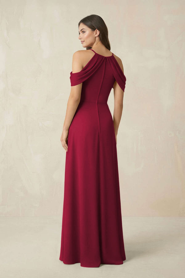 Off - the - Shoulder Chiffon Sheath Bridesmaid Dress With Slit in Berry - KissProm Bridesmaid Dresses