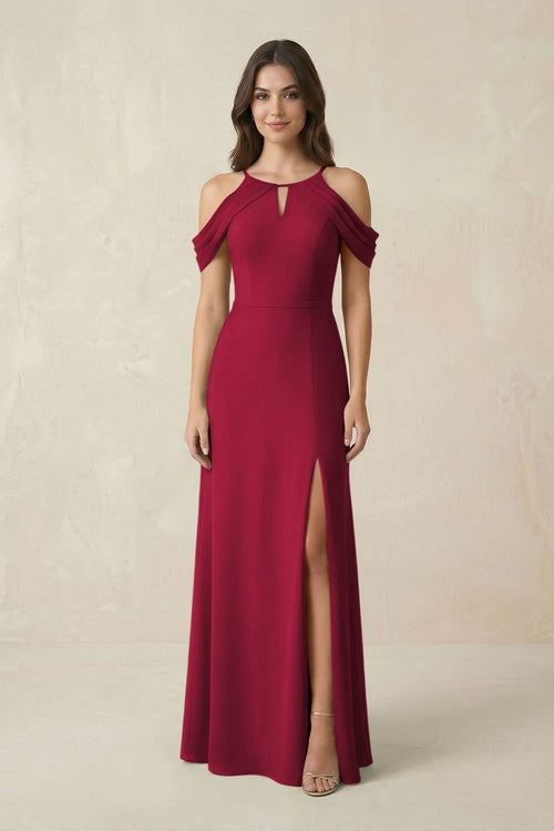 Off - the - Shoulder Chiffon Sheath Bridesmaid Dress With Slit in Berry - KissProm Bridesmaid Dresses