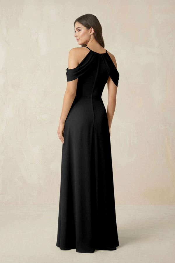Off - the - Shoulder Chiffon Sheath Bridesmaid Dress With Slit in Black - KissProm Bridesmaid Dresses