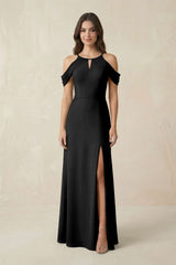 Off - the - Shoulder Chiffon Sheath Bridesmaid Dress With Slit in Black - KissProm Bridesmaid Dresses