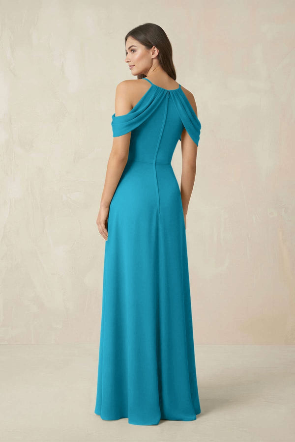 Off - the - Shoulder Chiffon Sheath Bridesmaid Dress With Slit in Blue Jay - KissProm Bridesmaid Dresses