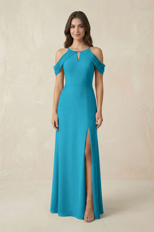 Off - the - Shoulder Chiffon Sheath Bridesmaid Dress With Slit in Blue Jay - KissProm Bridesmaid Dresses