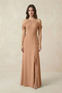 Off - the - Shoulder Chiffon Sheath Bridesmaid Dress With Slit in Bronzer - KissProm Bridesmaid Dresses