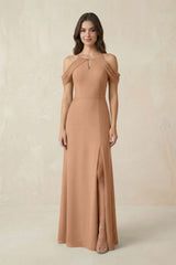Off - the - Shoulder Chiffon Sheath Bridesmaid Dress With Slit in Bronzer - KissProm Bridesmaid Dresses