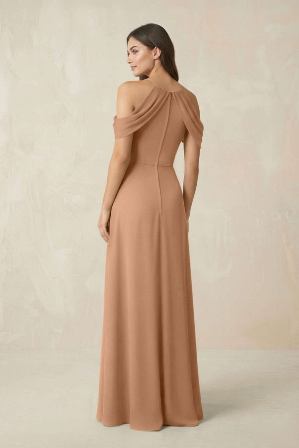 Off - the - Shoulder Chiffon Sheath Bridesmaid Dress With Slit in Bronzer - KissProm Bridesmaid Dresses