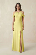 Off - the - Shoulder Chiffon Sheath Bridesmaid Dress With Slit in Buttercup - KissProm Bridesmaid Dresses