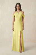 Off - the - Shoulder Chiffon Sheath Bridesmaid Dress With Slit in Buttercup - KissProm Bridesmaid Dresses