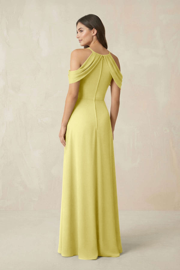 Off - the - Shoulder Chiffon Sheath Bridesmaid Dress With Slit in Buttercup - KissProm Bridesmaid Dresses