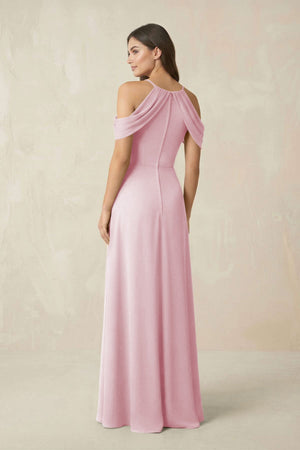 Off - the - Shoulder Chiffon Sheath Bridesmaid Dress With Slit in Candy Pink - KissProm Bridesmaid Dresses